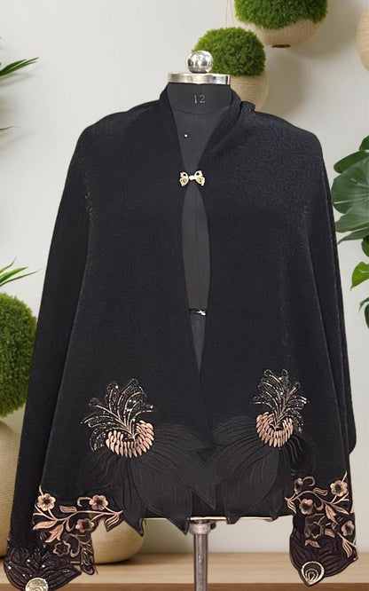 Women's knitted shawl with appliqué floral borders - embroidery and fabric detail