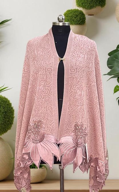 Women's knitted shawl with appliqué floral borders - sleeve and design detail