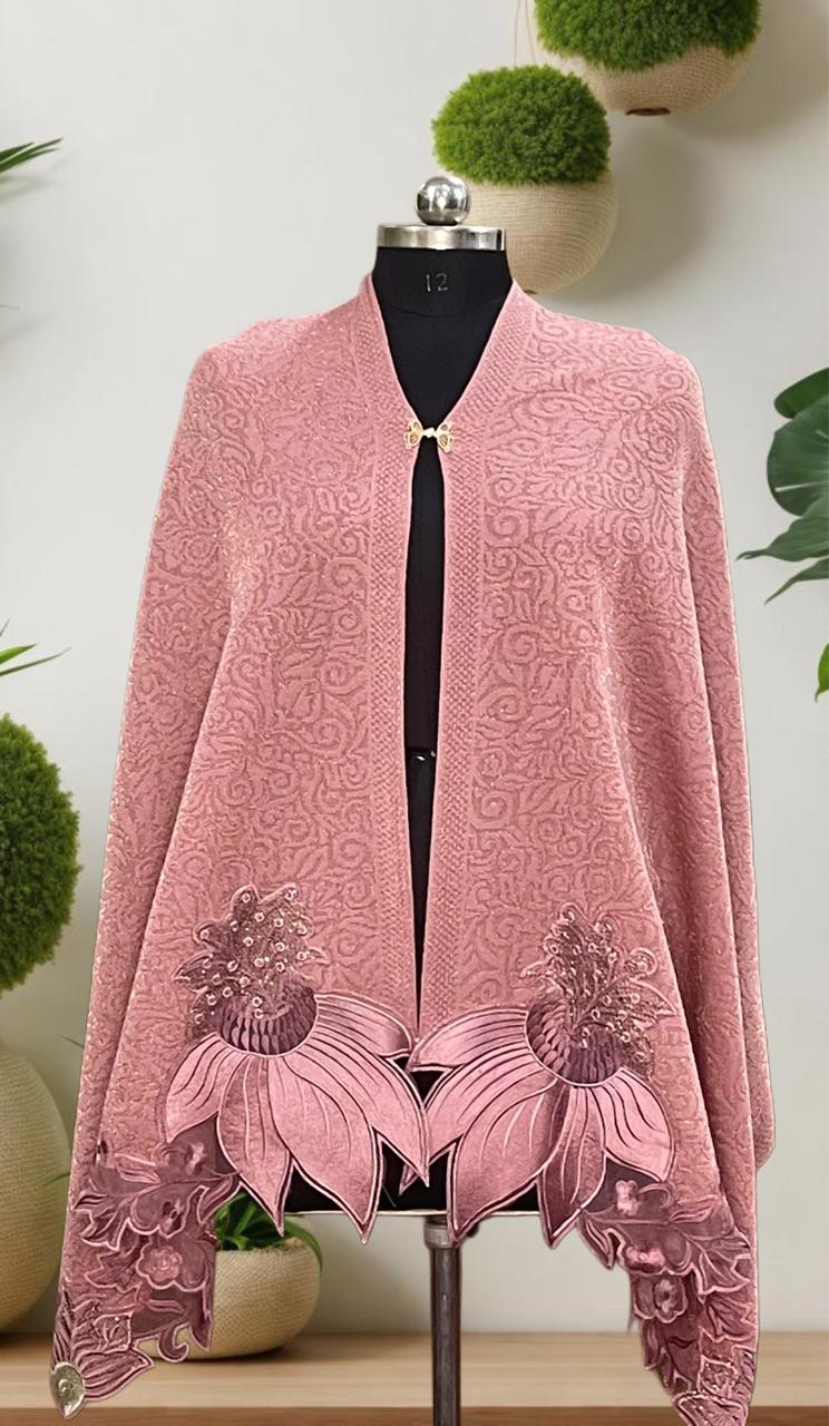 Women's knitted shawl with appliqué floral borders