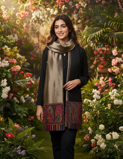 Women's zari reversible shawl with dual kani palla - Black with Moghul motifs