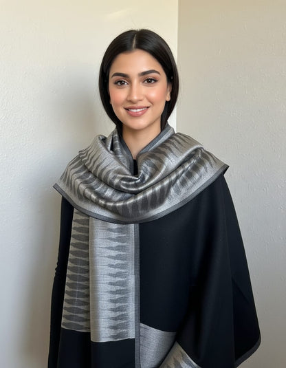 Women's zari shimmer reversible ikkat shawl - Black, Grey with Silver