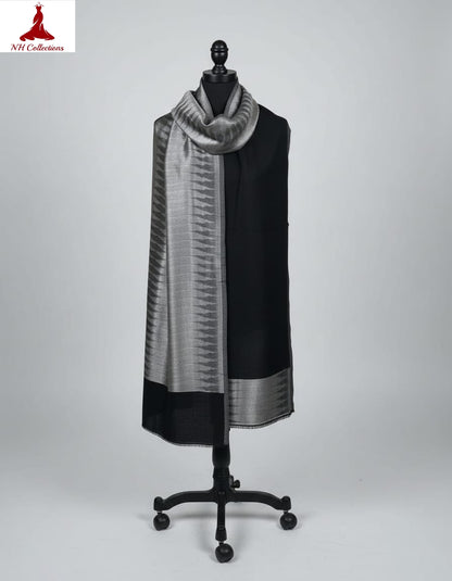 Women's zari shimmer reversible ikkat shawl - Black, Grey with Silver