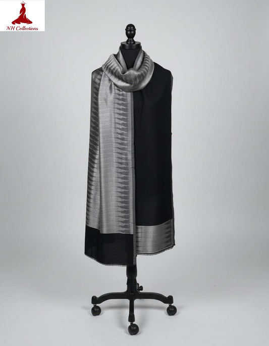 Women's zari shimmer reversible ikkat shawl - Black, Grey with Silver