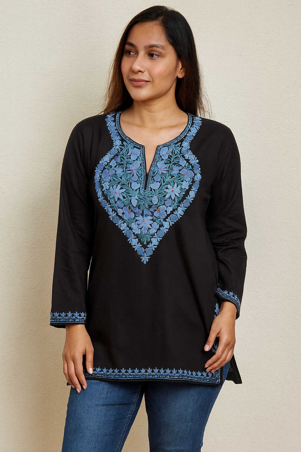 Women's black color blouse in ruby cotton with kashmiri aari work in shades of blue in S