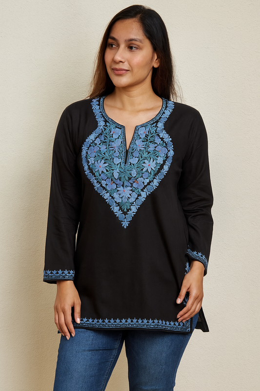 Women's black color blouse in ruby cotton with kashmiri aari work in shades of blue in S