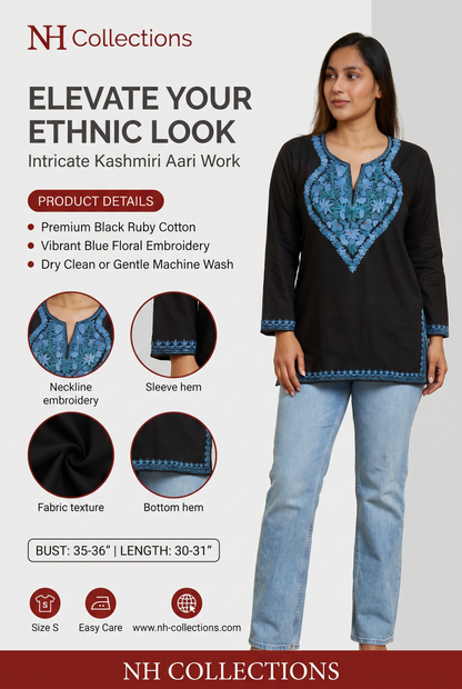 Women's black color blouse in ruby cotton with kashmiri aari work in shades of blue in S
