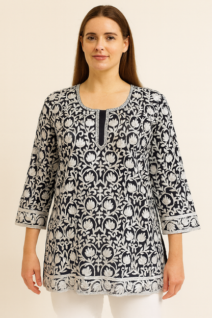 Women's navy blue georgette blouse with white aari work in 2XL