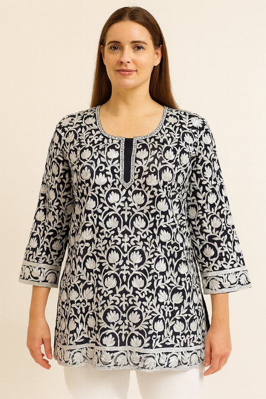 Women's navy blue georgette blouse with white aari work in 2XL