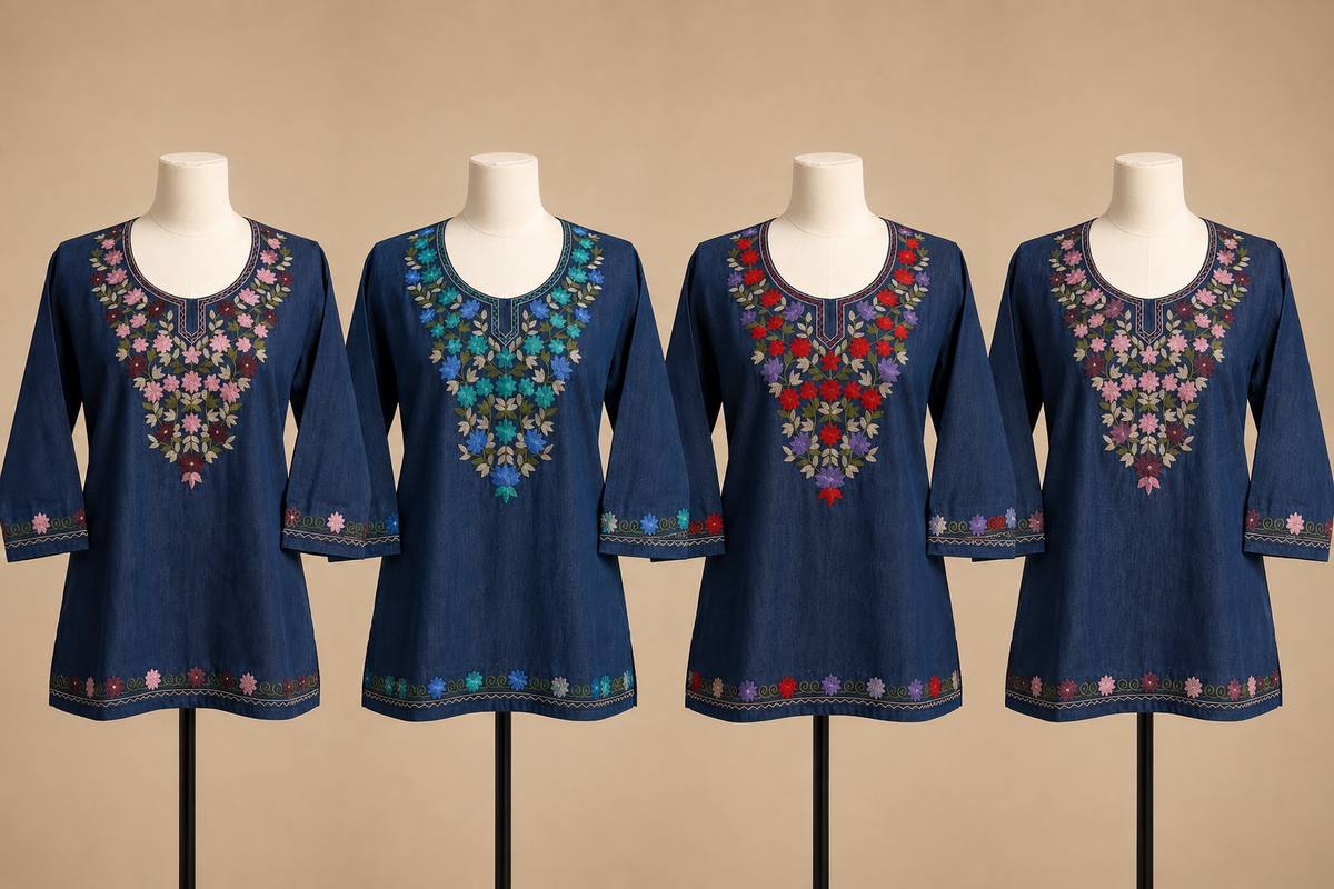 Women's Floral Embroidered Soft Denim Top with Pockets (L, XL, 2XL)