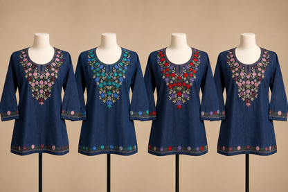 Women's Floral Embroidered Soft Denim Top with Pockets (L, XL, 2XL)