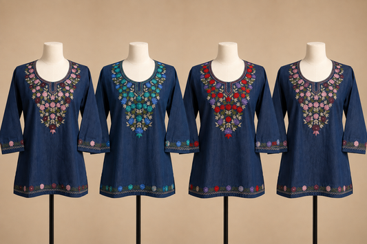Women's Floral Embroidered Soft Denim Top with Pockets (L, XL, 2XL)