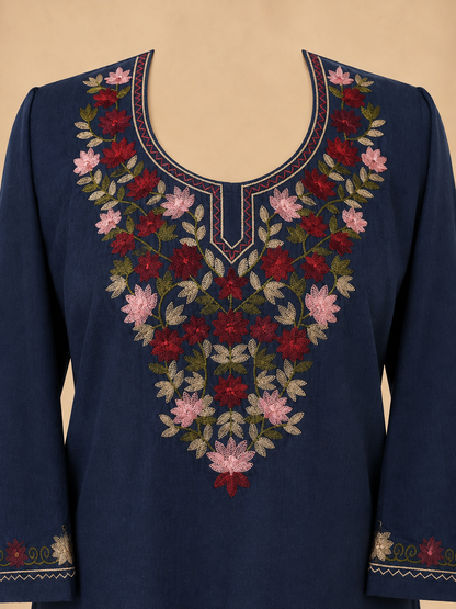 Women's Floral Embroidered Soft Denim Top with Pockets (L, XL, 2XL)