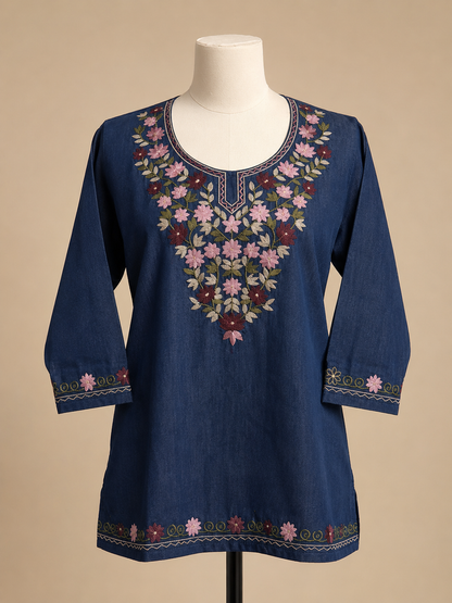 Women's Floral Embroidered Soft Denim Top with Pockets (L, XL, 2XL)