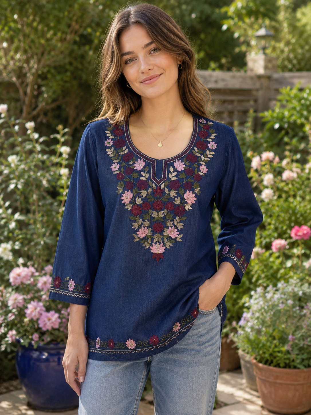 Women's Floral Embroidered Soft Denim Top with Pockets (L, XL, 2XL)