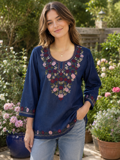 Women's Floral Embroidered Soft Denim Top with Pockets (L, XL, 2XL)