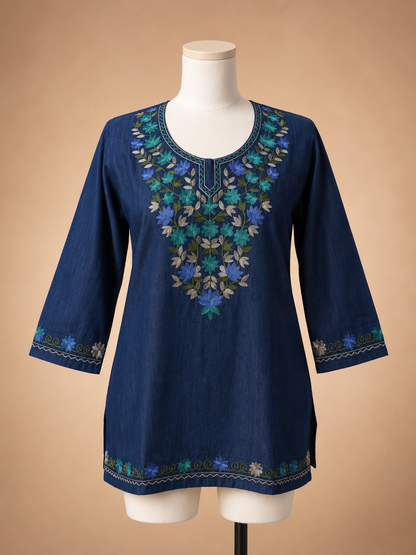Women's Floral Embroidered Soft Denim Top with Pockets (L, XL, 2XL)