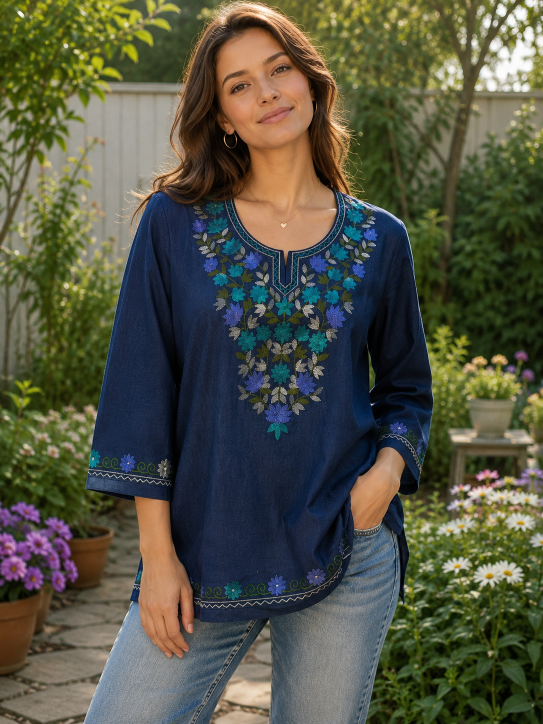 Women's Floral Embroidered Soft Denim Top with Pockets (L, XL, 2XL)