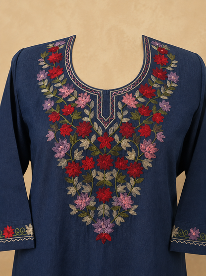 Women's Floral Embroidered Soft Denim Top with Pockets (L, XL, 2XL)