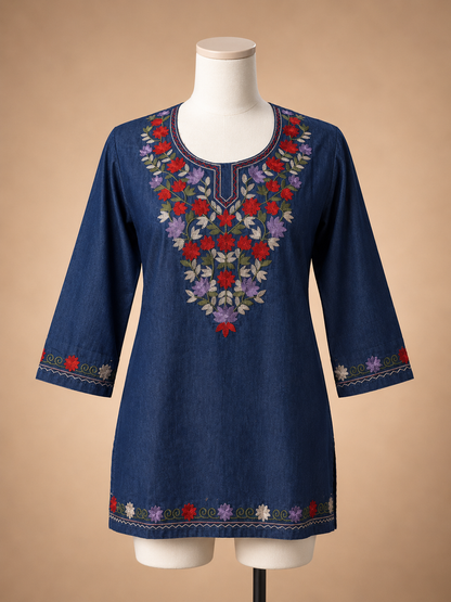Women's Floral Embroidered Soft Denim Top with Pockets (L, XL, 2XL)