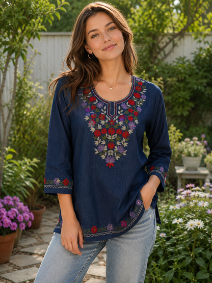 Women's Floral Embroidered Soft Denim Top with Pockets (L, XL, 2XL)