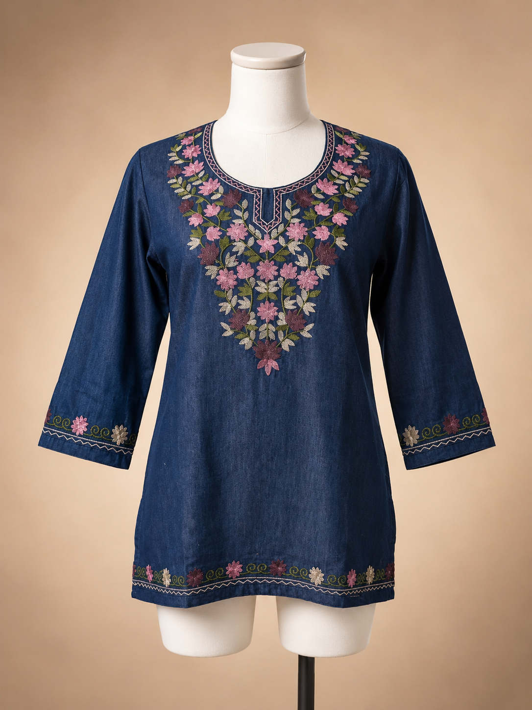 Women's Floral Embroidered Soft Denim Top with Pockets (L, XL, 2XL)