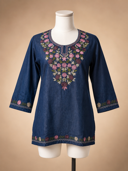 Women's Floral Embroidered Soft Denim Top with Pockets (L, XL, 2XL)