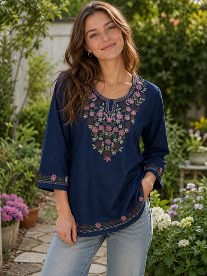 Women's Floral Embroidered Soft Denim Top with Pockets (L, XL, 2XL)