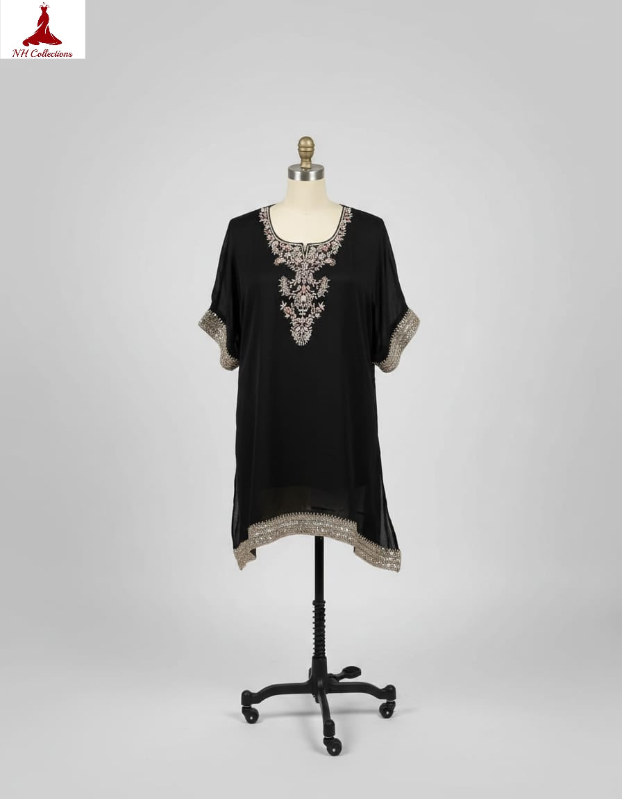 Women's Black Asymmetrical Chinon Embroidered Top in L