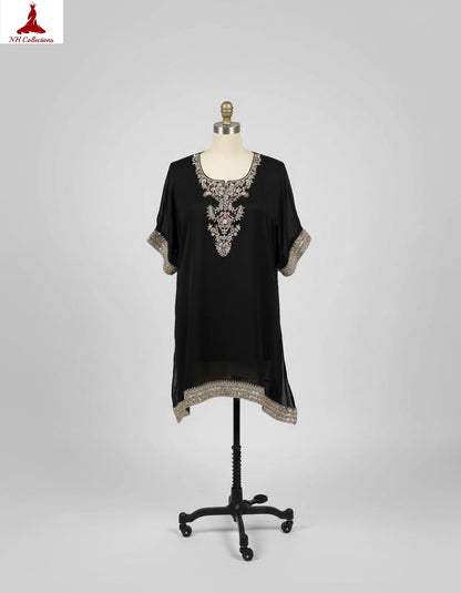 Women's Black Asymmetrical Chinon Embroidered Top in L
