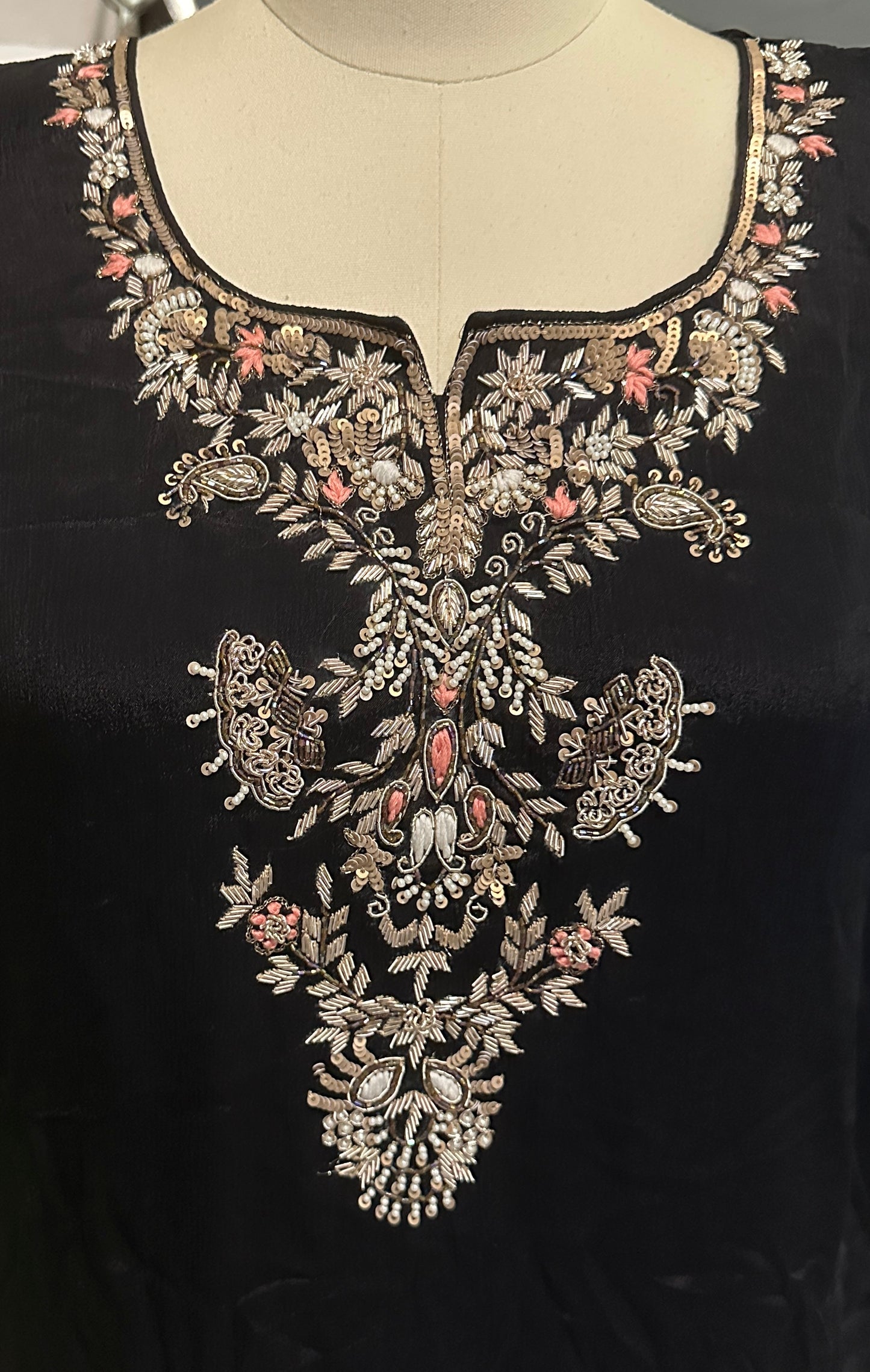 Women's Black Asymmetrical Chinon Embroidered Top in L