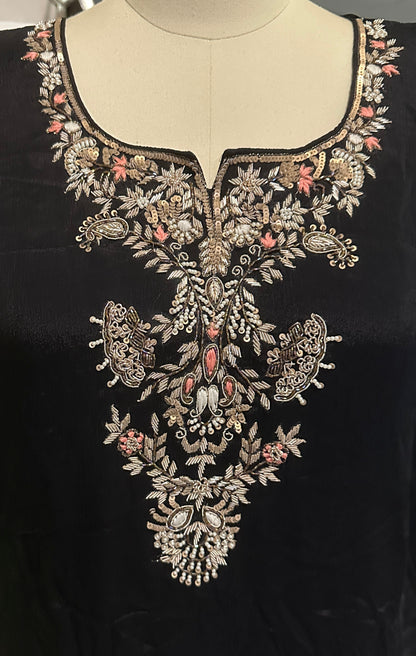 Women's Black Asymmetrical Chinon Embroidered Top in L