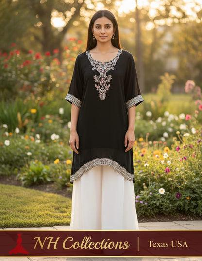 Women's Black Asymmetrical Chinon Embroidered Top in L