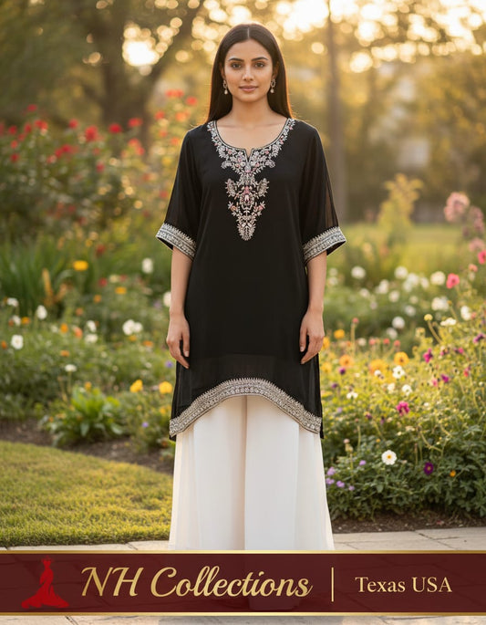 Women's Black Asymmetrical Chinon Embroidered Top in L