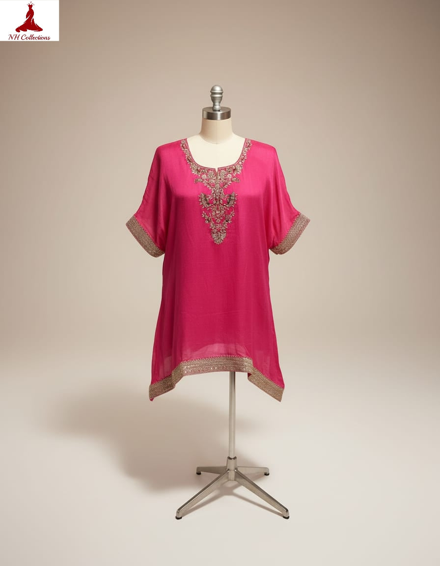 Women's Pink Asymmetrical Chinon Embroidered Top in XL