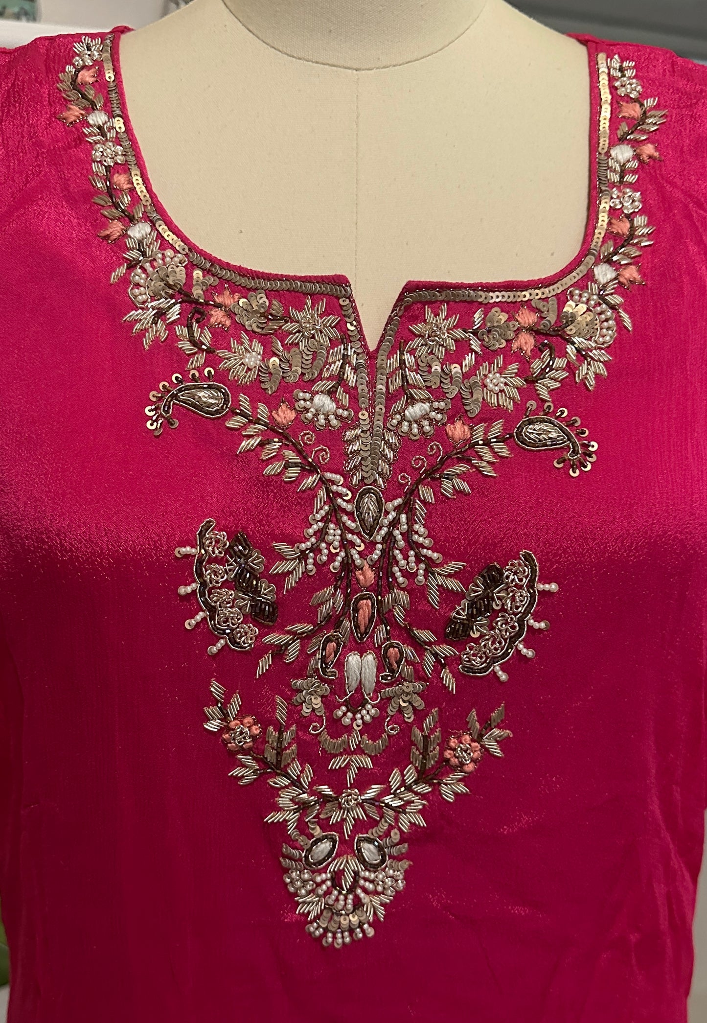 Women's Pink Asymmetrical Chinon Embroidered Top in XL