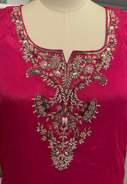 Women's Pink Asymmetrical Chinon Embroidered Top in XL