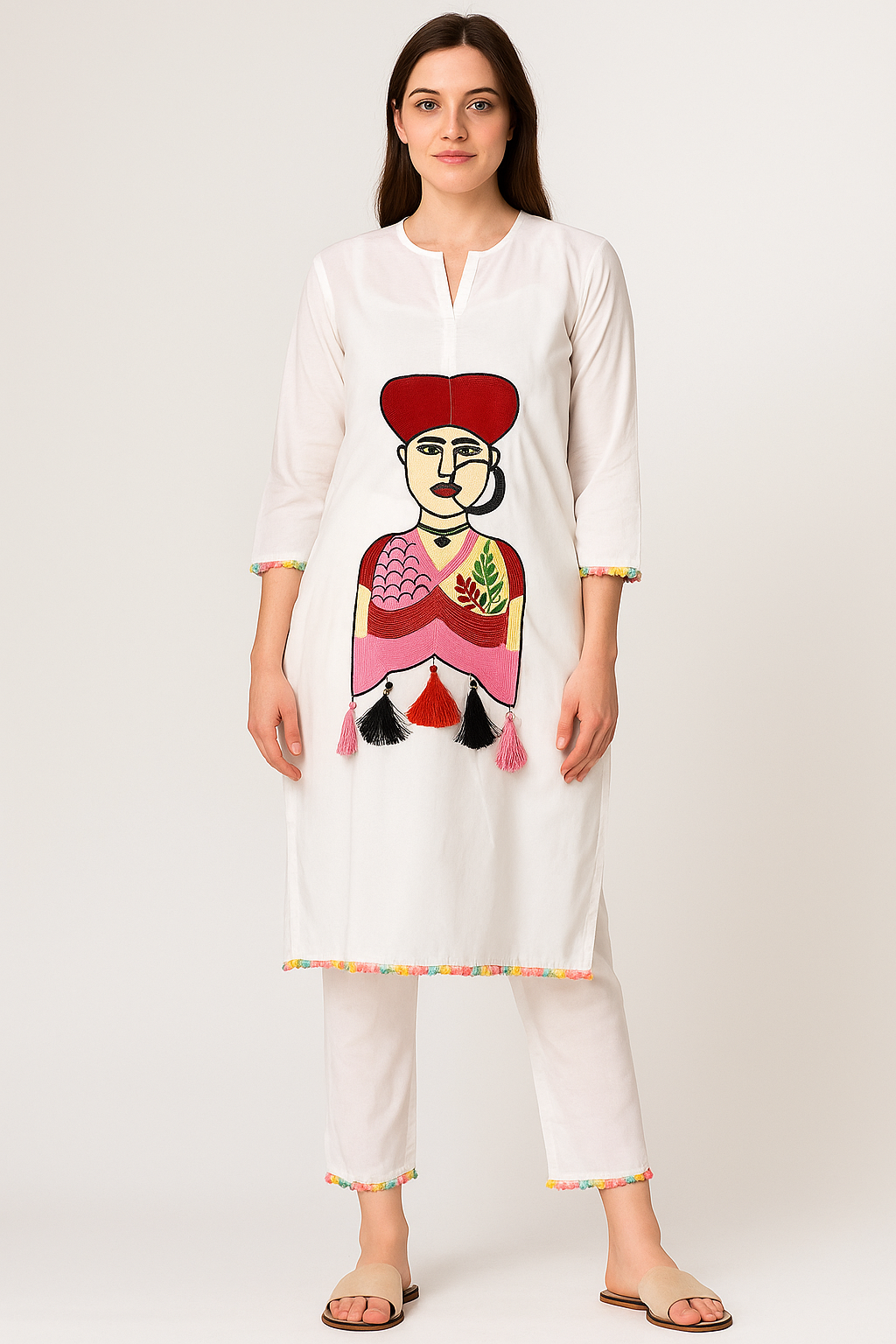 Women's off-white co-ord set with face embroidery in 4XL