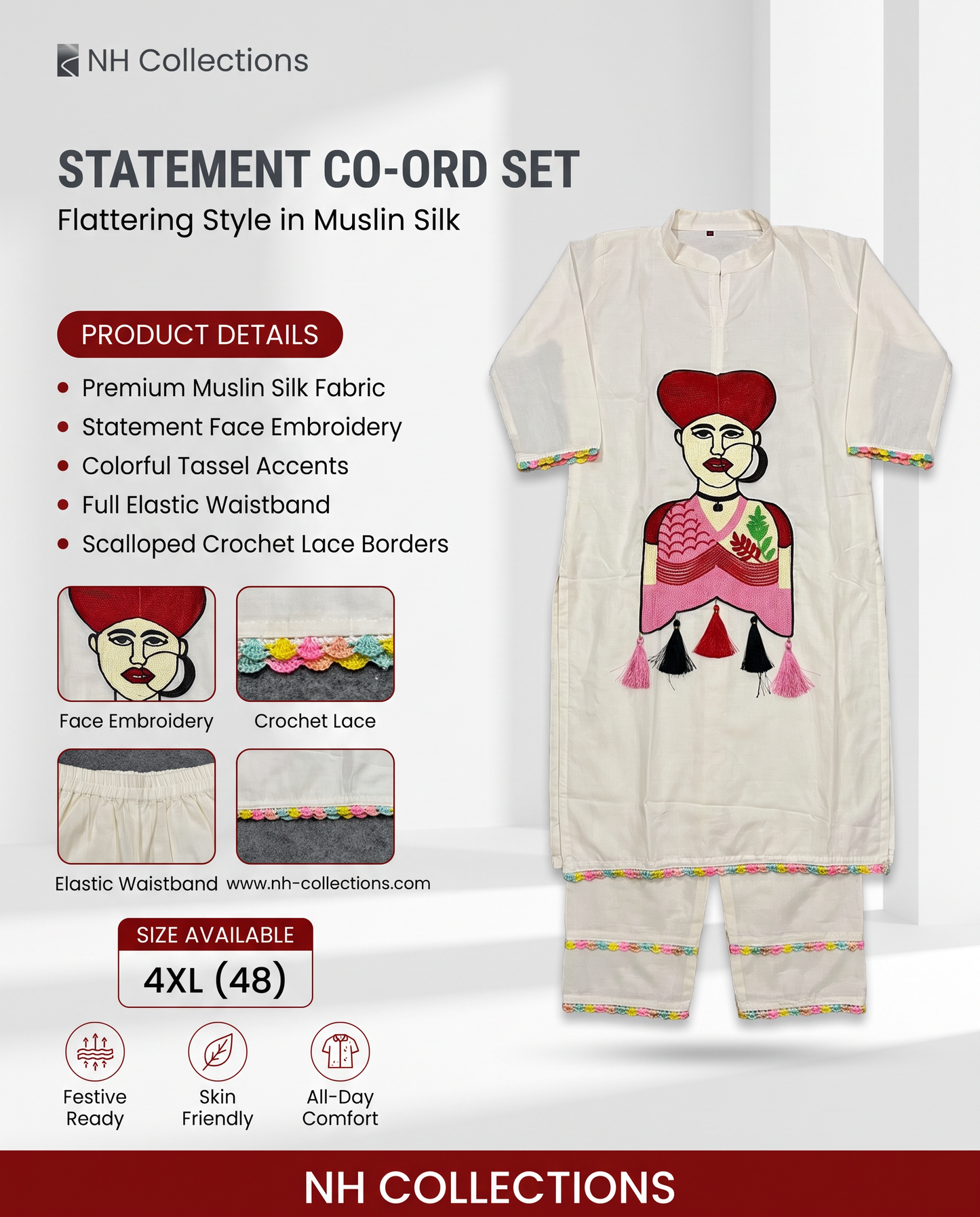 Women's off-white co-ord set with face embroidery in 4XL - sleeve and design detail