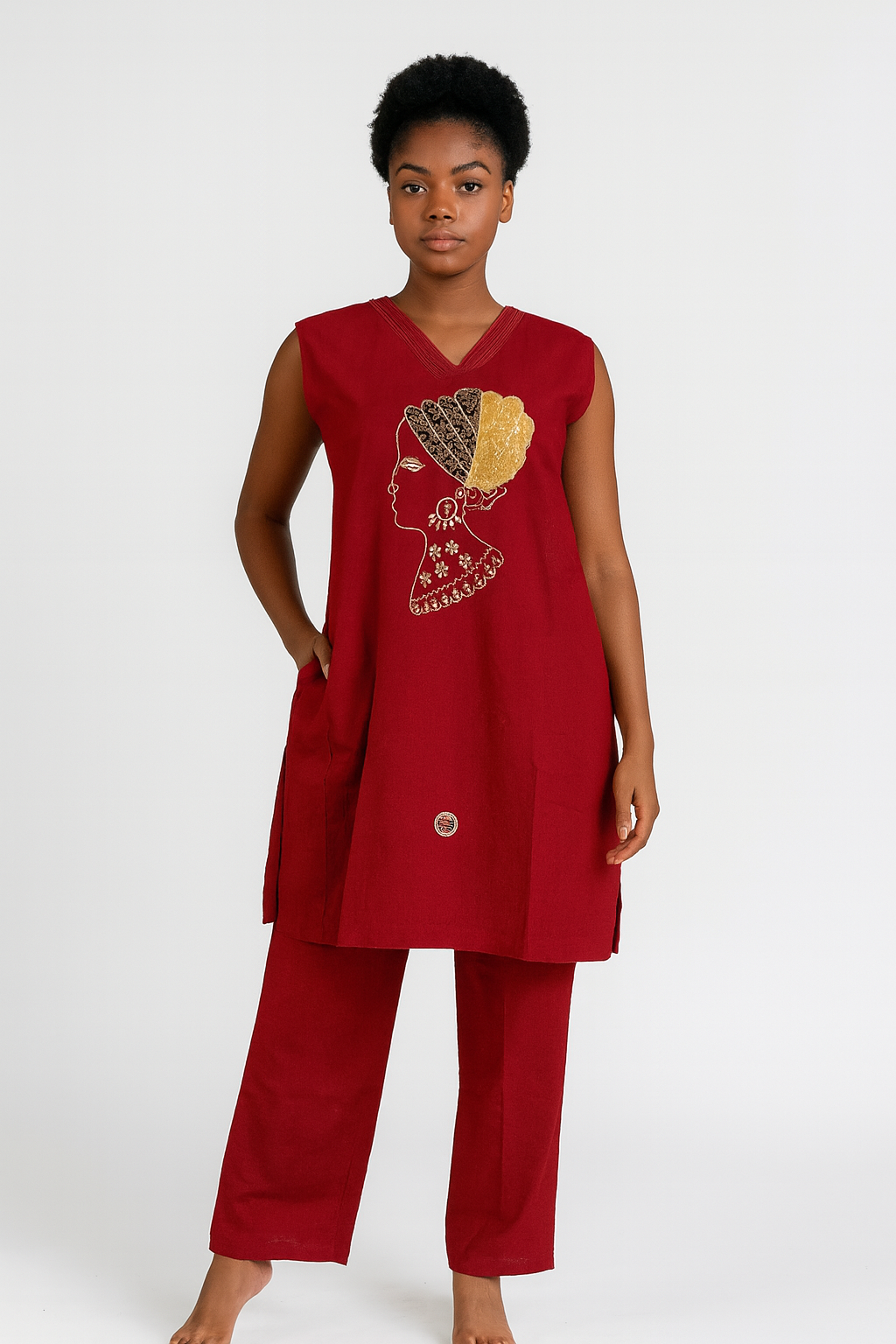 Women's embroidered African Queen Tunic Set – 2-Piece (Red)