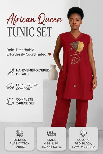 Women's embroidered African Queen Tunic Set – 2-Piece (Red)