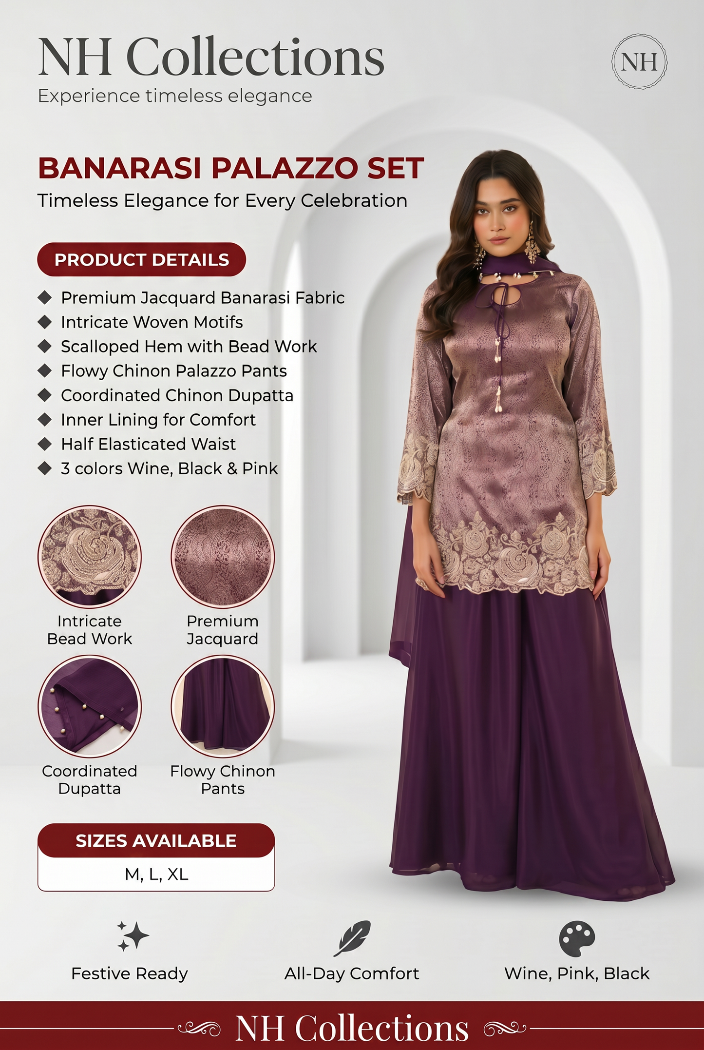 Women's Jacquard Banaras Pallazo set with bead work in M, L & XL
