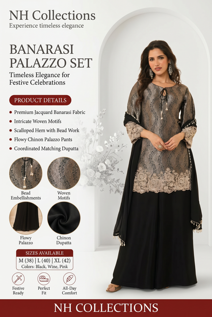 Women's Jacquard Banaras Pallazo set with bead work in M, L & XL