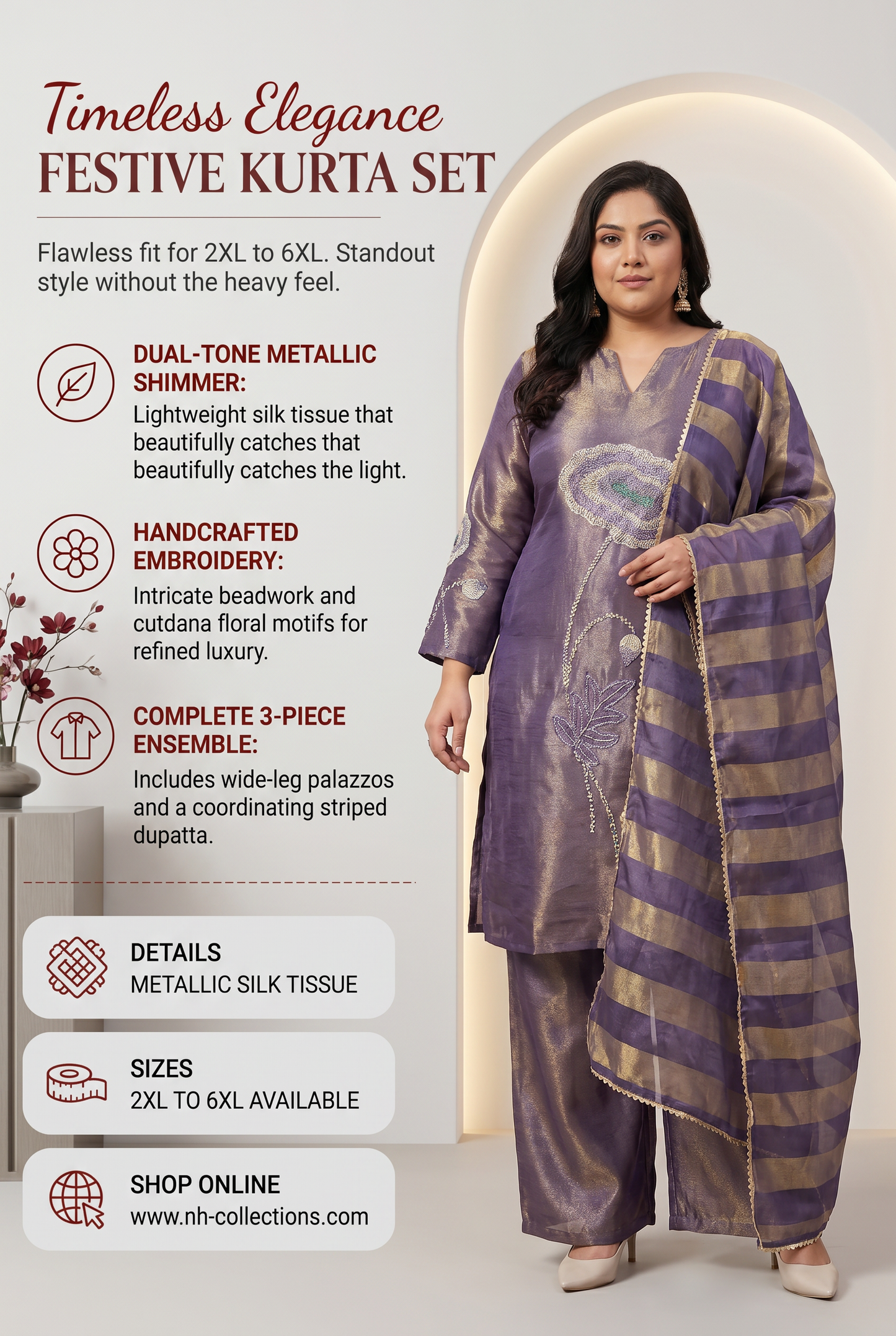 Women's Metallic Shimmer Silk Tissue Dual-Tone Kurta Set from 2XL to 6XL