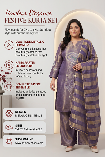 Women's Metallic Shimmer Silk Tissue Dual-Tone Kurta Set from 2XL to 6XL