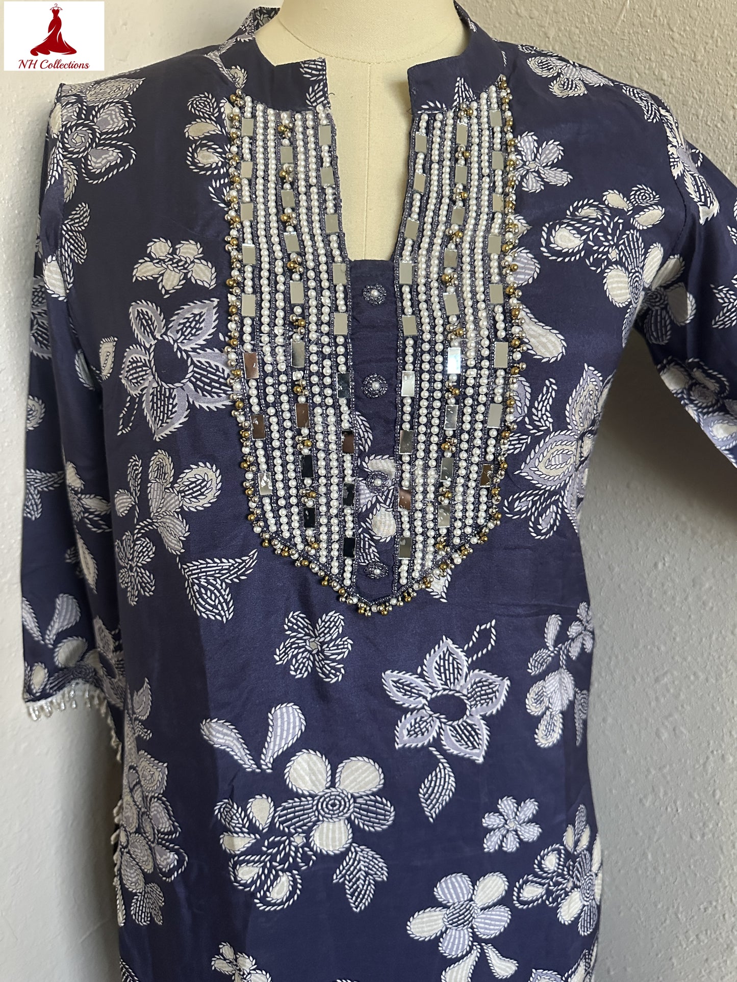 Women's navy blue co-ord set with mirror embroidery & tassel detailing in M