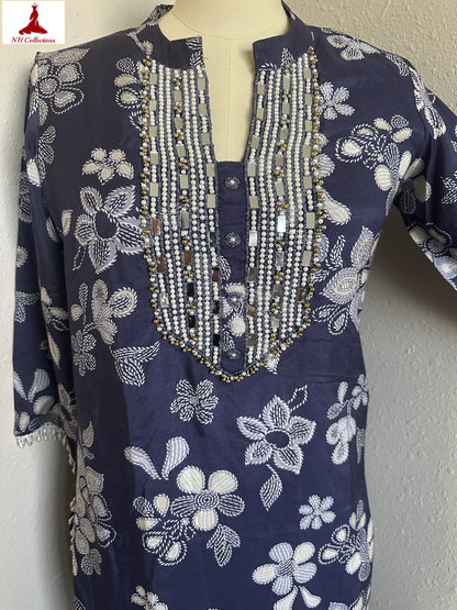 Women's navy blue co-ord set with mirror embroidery & tassel detailing in M