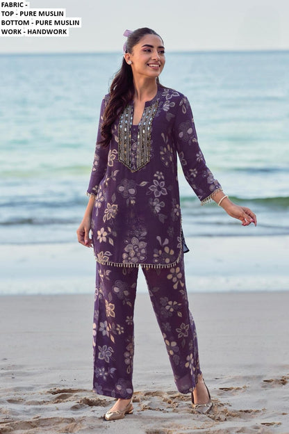 Women's navy blue co-ord set with mirror embroidery & tassel detailing in M