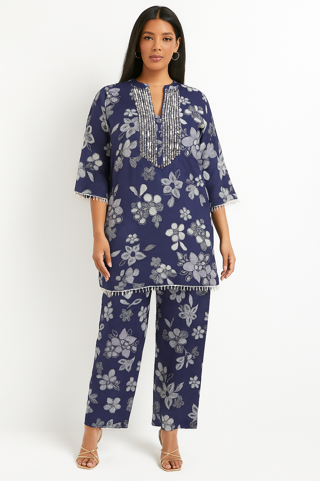 Women's navy blue co-ord set with mirror embroidery & tassel detailing in M