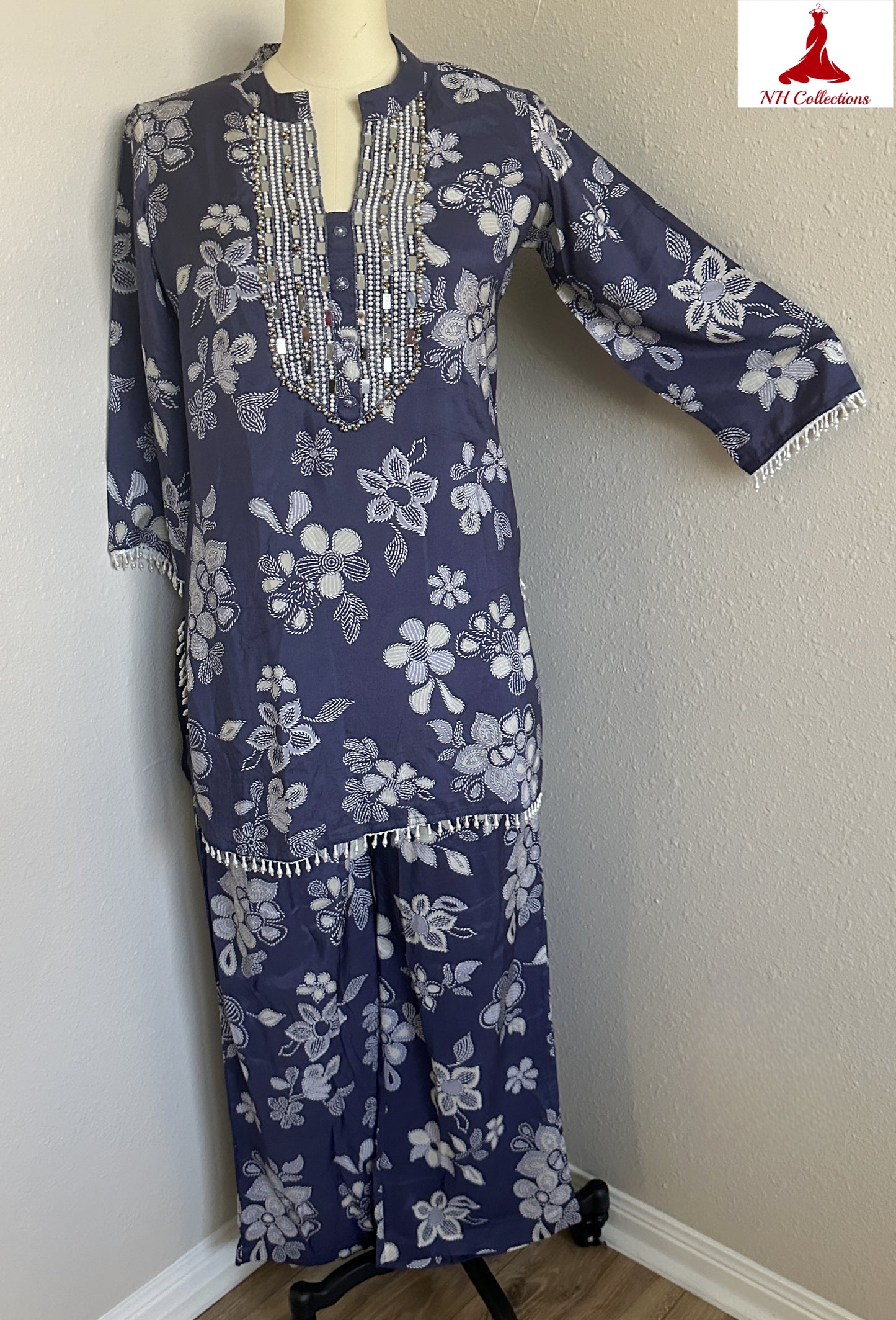 Women's navy blue co-ord set with mirror embroidery & tassel detailing in M