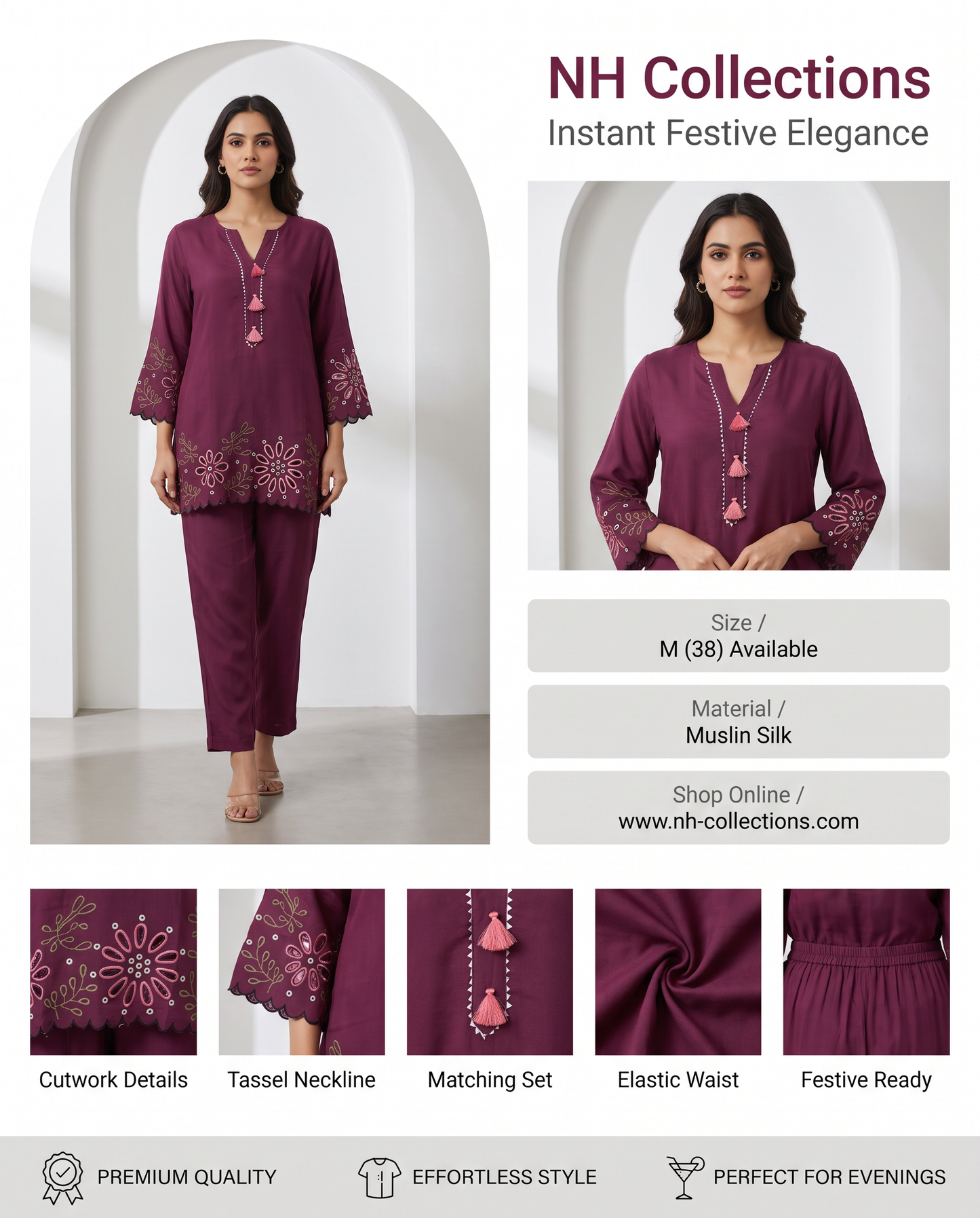 Women's coordset in wine color with cutwork in M - additional product view